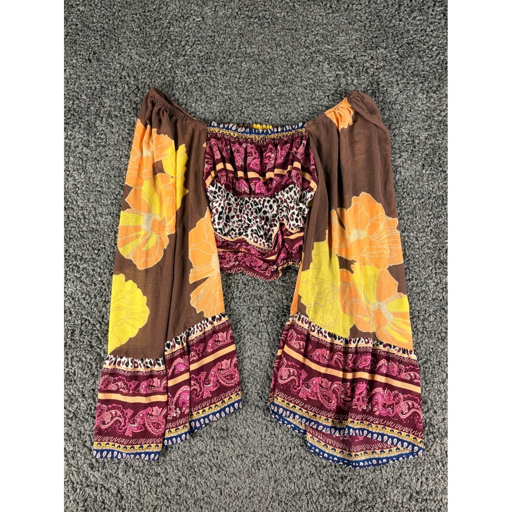Free People Mixed Print Smocked Off The Shoulder Crop Top Bell Sleeve XS Brown